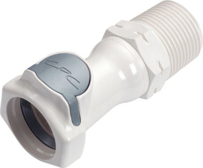 FFC101235 - CPC FFC35 Schnellverschlusskupplung, weiß, mit 3/4 Zoll NPT Außengewinde und grauem Entriegelungsknopf, ohne Absperrventil, Buna-N Dichtung, auf weißem Hintergrund dargestellt.