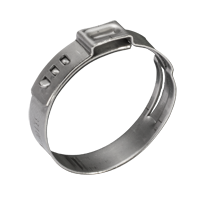 Stufenlose Einohr-Schlauchklemme (O-Clip) Eine silberfarbene stufenlose Einohr-Schlauchklemme aus Metall mit einem Crimp-Ohr.