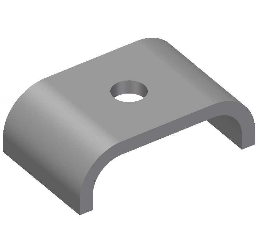 Aluminium Rohrschelle nach DIN 5534 - C-förmige Aluminiumklemme mit Befestigungsbohrung. Aluminium Rohrschelle nach DIN 5534: Eine graue, C-förmige Metallhalterung mit einer mittigen runden Bohrung auf der oberen, flachen Seite, freigestellt vor weißem Hintergrund.