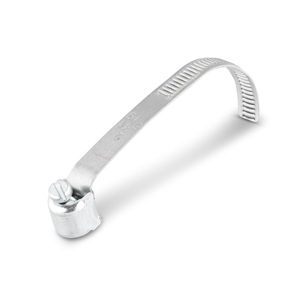 Verstellbare Schlauchschelle aus Metall Ø 11-19 mm Metall-Schlauchschelle, verstellbar, für Durchmesser von 11 mm bis 19 mm, mit Schraubverschluss auf weißem Hintergrund.