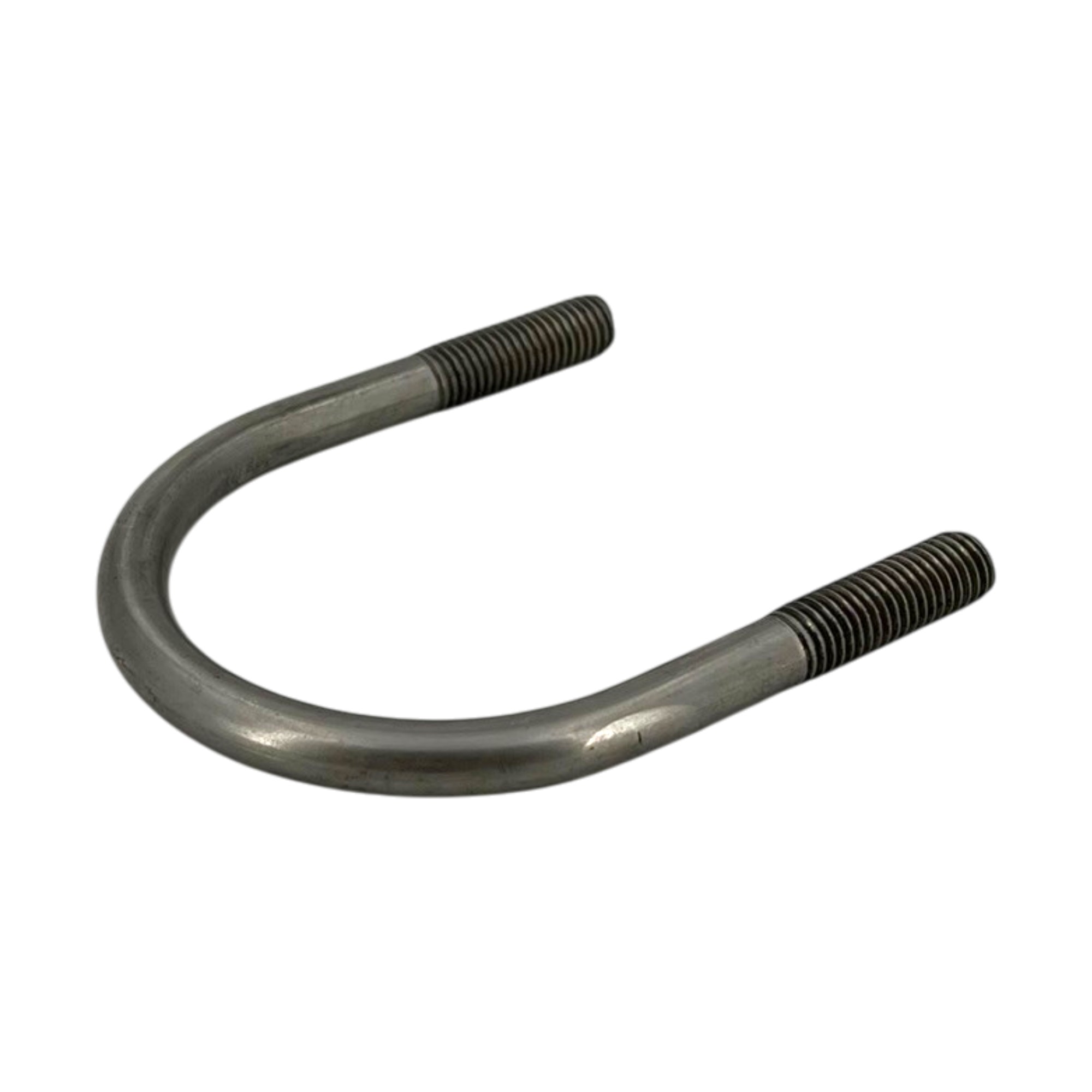 Rundstahlbügel ähnl. DIN 3570 aus mattem Edelstahl A4, U-förmig gebogen mit beidseitigem M10 Gewinde, Maße 68 x 87 mm, passend für 2 Zoll Rohre, auf weißem Hintergrund freigestellt.
