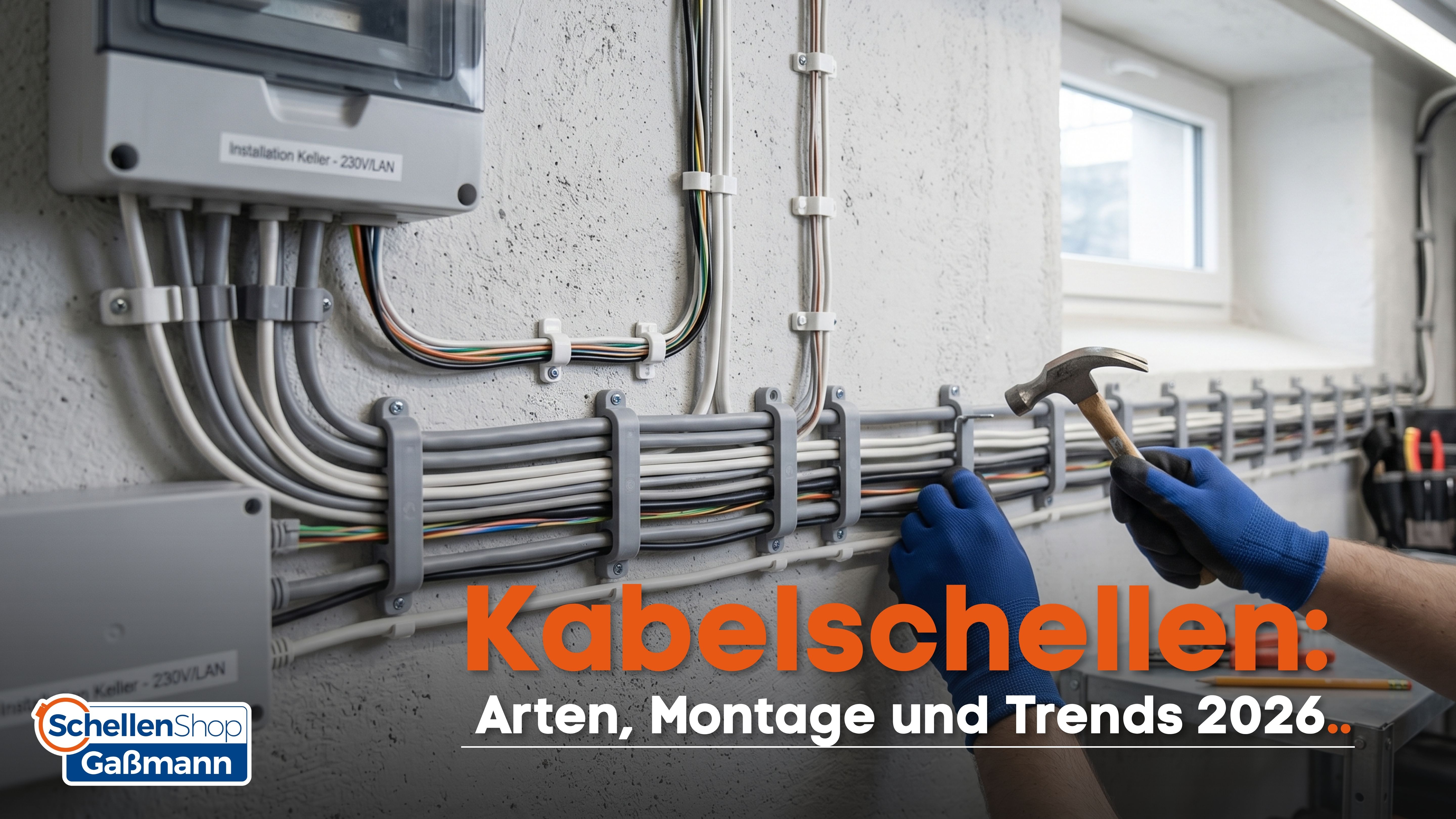 Elektroinstallation: Wand mit sauber verlegten und mit Kabelschellen befestigten Elektrokabeln und einem Verteilerkasten. Eine Hand mit blauem Handschuh hält einen Hammer. Überschrift: 'Kabelschellen: Arten, Montage und Trends 2026'.
