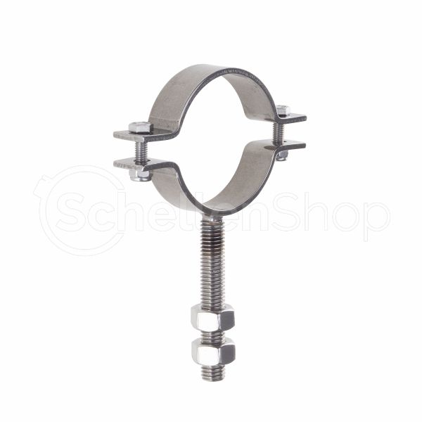 Rohrschelle mit Gewindeschaft Art. 352520 aus V2A Edelstahl, komplett mit Schrauben und Muttern, für die sichere und korrosionsbeständige Montage von Rohren. Eine silberne Rohrschelle mit Gewindeschaft, Artikel 352520, gefertigt aus V2A Edelstahl, inklusive passender Schrauben und Muttern, vor einem weißen Hintergrund.