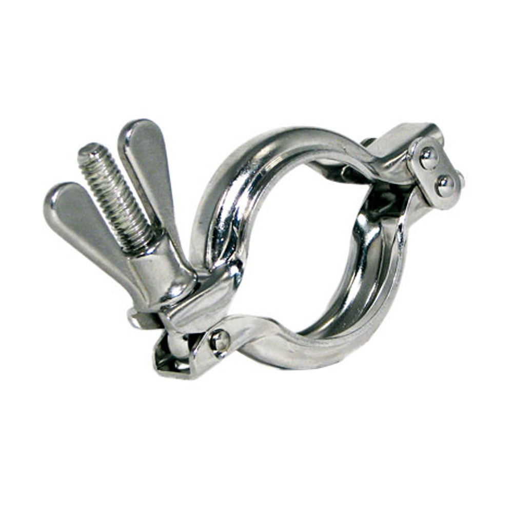 TEC-Klammer Typ SP mit Flügelmutter, eine glänzende Metallklammer mit zwei geschwungenen Klemmbacken und einer Feststellschraube mit Flügelmutter für eine einfache Handhabung.