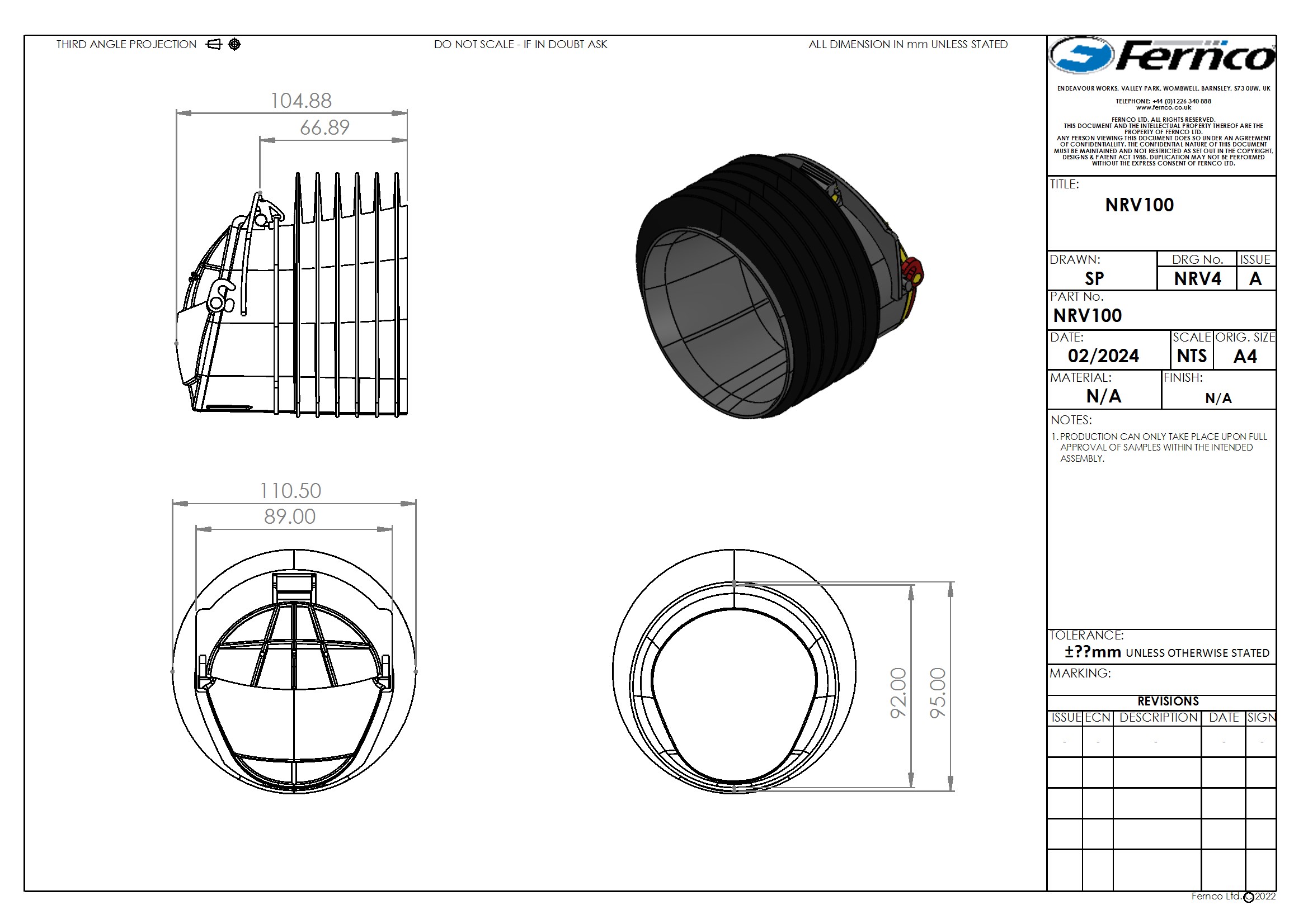 Technische Zeichnung und 3D-Ansicht einer Fernco NRV100 Rückstauklappe/Rohrverbindung, dargestellt in Seiten-, Vorder- und Draufsicht mit detaillierten Maßen in Millimetern und einer isometrischen 3D-Perspektive.