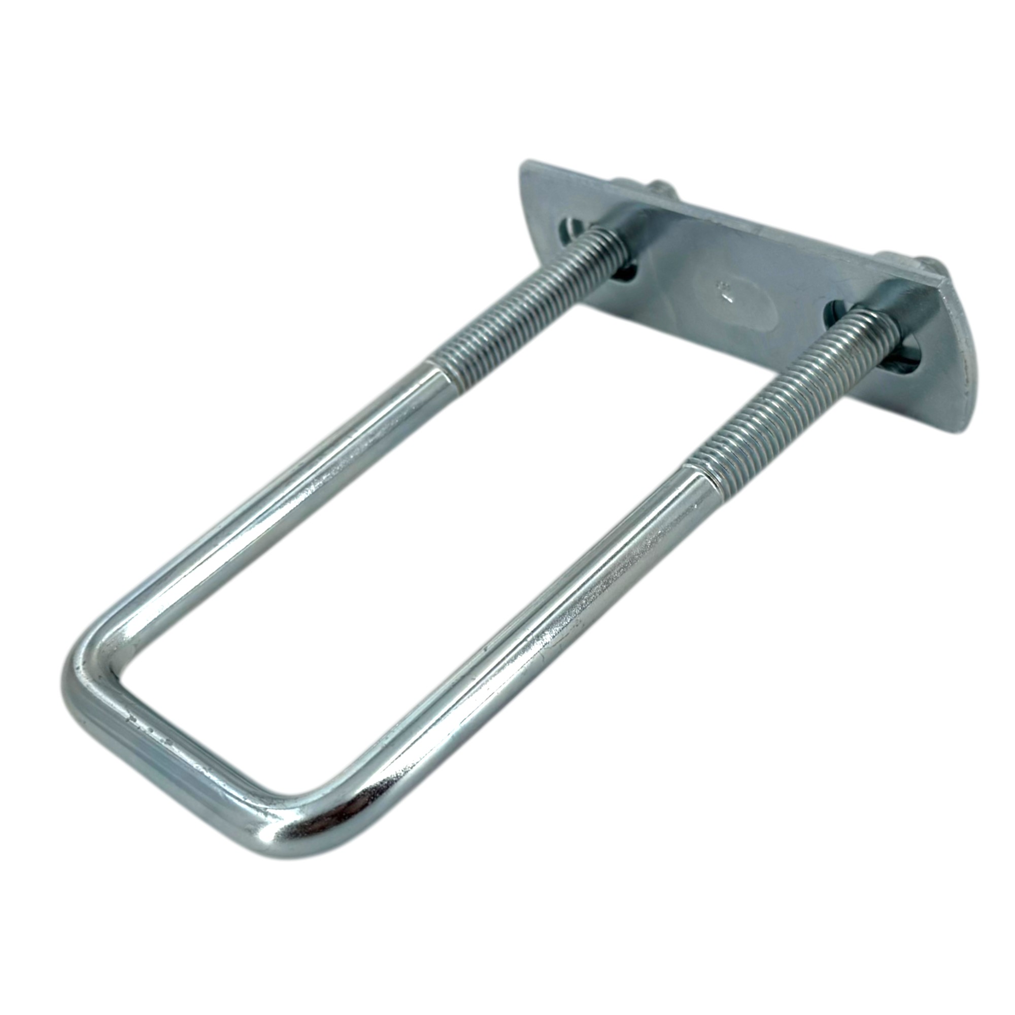 Glänzender, silberfarbener Quadratrohrbügel / Rechteckbügel mit langen Schenkeln, ähnlich Typ 3575, bestehend aus einem U-förmigen Metallbügel mit Gewindeenden und einer flachen Montageplatte, auf weißem Hintergrund dargestellt.