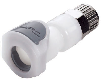 APCD13006SH CPC Kupplung: Präzisions-Klemmringverschraubung aus weißem Kunststoff mit grauem Schnellverschluss, passend für 9,5 mm AD / 6,4 mm ID Anschlüsse. APCD13006SH CPC Kupplung, weißer Kunststoff mit grauem Entriegelungshebel und metallischer Klemmringverschraubung, 9,5 mm AD / 6,4 mm ID.