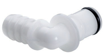 Abgewinkelter, transparenter APC23006 CPC Stecker für 9,5 mm Schlauchanschluss, mit geriffelter Schlauchaufnahme und schwarzem Dichtring.