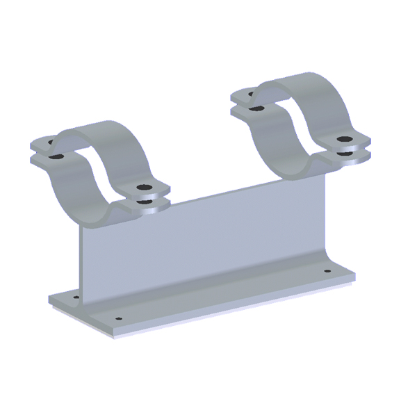 Rohrschuh / Rohrlager mit T-Fuß 100x250 / Führung für schwere Rohrbefestigung: Robuste Metallkonstruktion für die dauerhafte und sichere Führung von schweren Rohren. Rohrschuh / Rohrlager mit T-Fuß 100x250 / Führung für schwere Rohrbefestigung. Eine graue, robuste Metallhalterung mit T-förmigem Standfuß und zwei darüber liegenden, U-förmigen Rohrschellen zur sicheren Befestigung und Führung von Rohren.