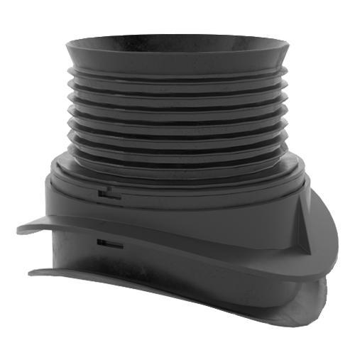 Fernco Anschlusselement Storm-T: Hochwertiges flexibles Anschlussstück mit gerippter Manschette und stabiler Montagebasis. Fernco Anschlusselement Storm-T, ein dunkelgraues, flexibles Verbindungselement mit geripptem Balg und breiter, flügelähnlicher Basis.