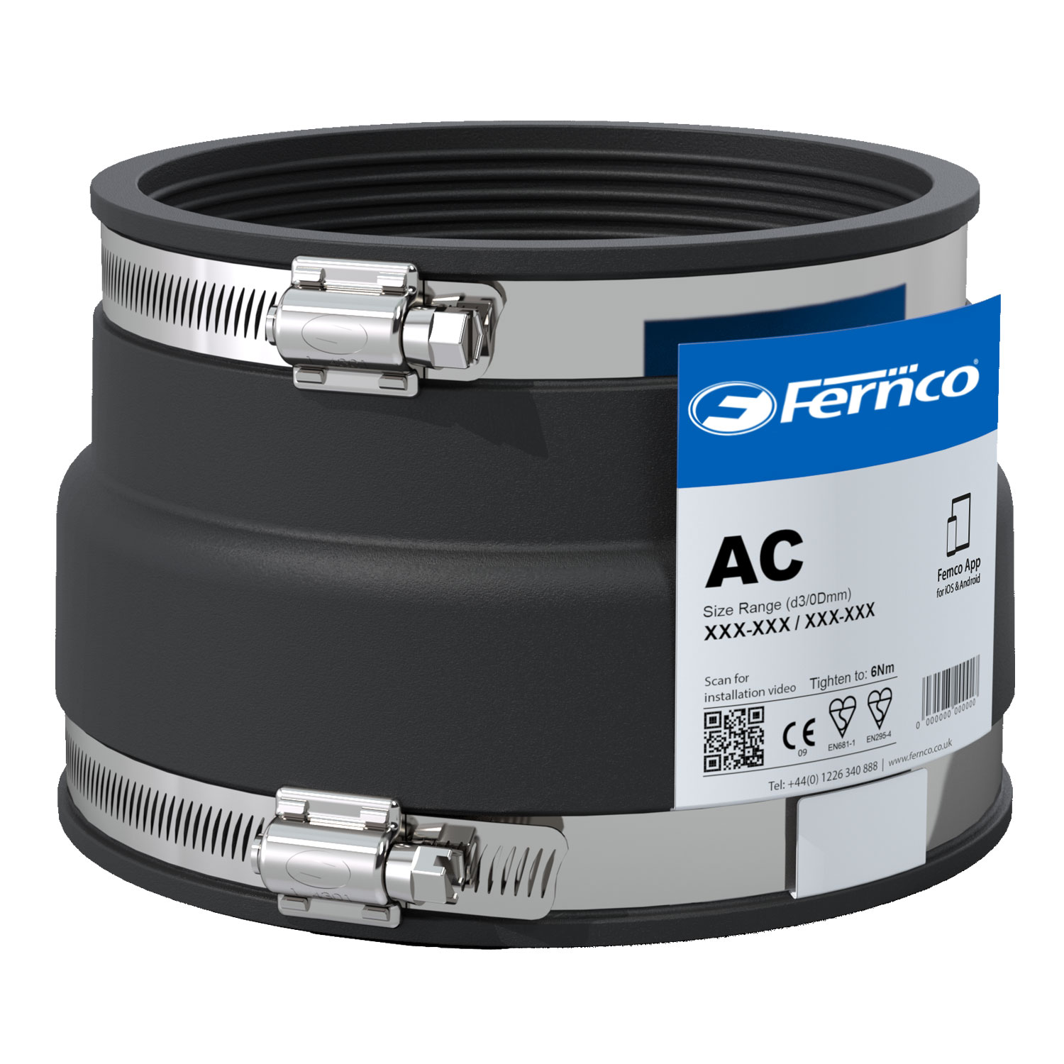Fernco Adapterkupplung AC, schwarz, Gummi mit Edelstahl-Schellen für Rohranschlüsse. Fernco Adapterkupplung AC aus schwarzem Gummi mit zwei Edelstahl-Schlauchschellen und blau-weißem Fernco-Etikett.