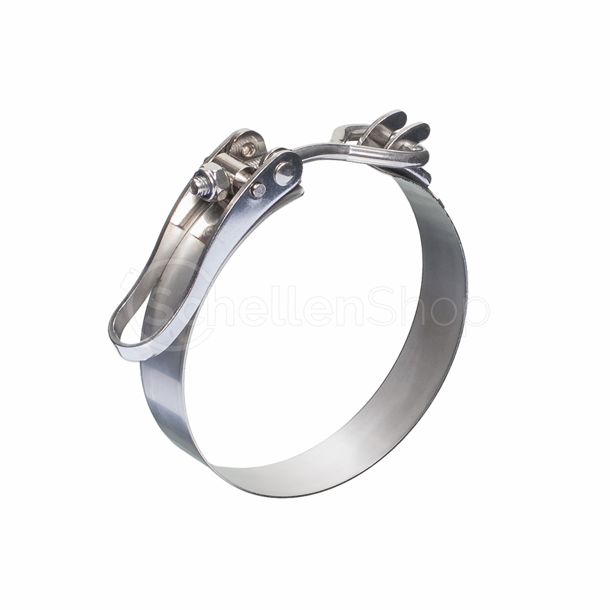 Schnellverschluss Schelle SVSP mit Ösenschraube, ohne Brücke, Edelstahl Produktbild der Schnellverschluss Schelle SVSP aus glänzendem Edelstahl, mit Ösenschraube und einem Schnellverschlussmechanismus, ohne Brücke, auf weißem Hintergrund.