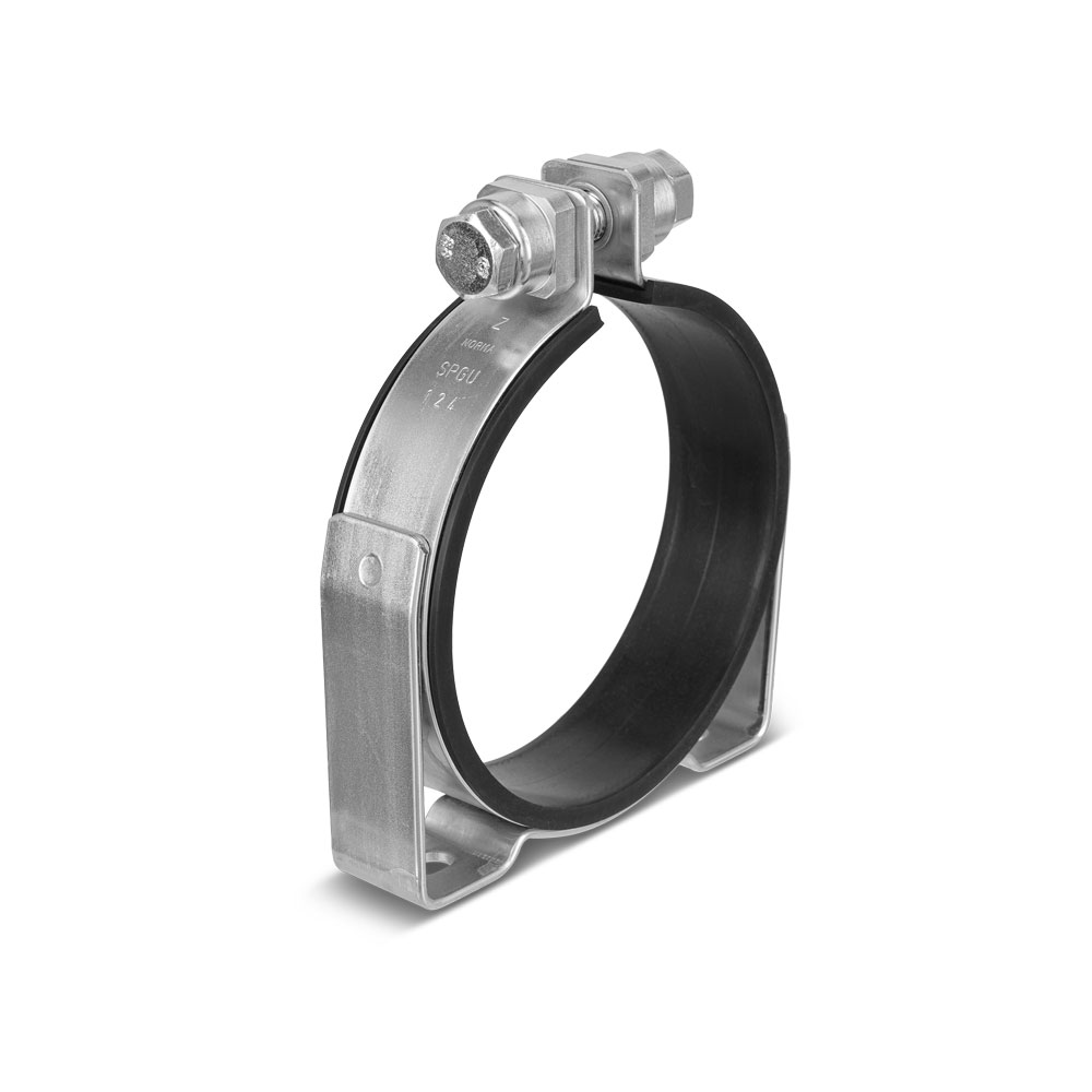 Einteilige Halterungsschelle mit Konsole HMK SPGU 6011: Robuste Metallschelle mit schall- und vibrationsdämpfender Gummieinlage zur sicheren Befestigung von Rohren und Leitungen. Einteilige Halterungsschelle mit Konsole HMK SPGU 6011 aus Metall mit Gummieinlage, Schraubverschluss oben.