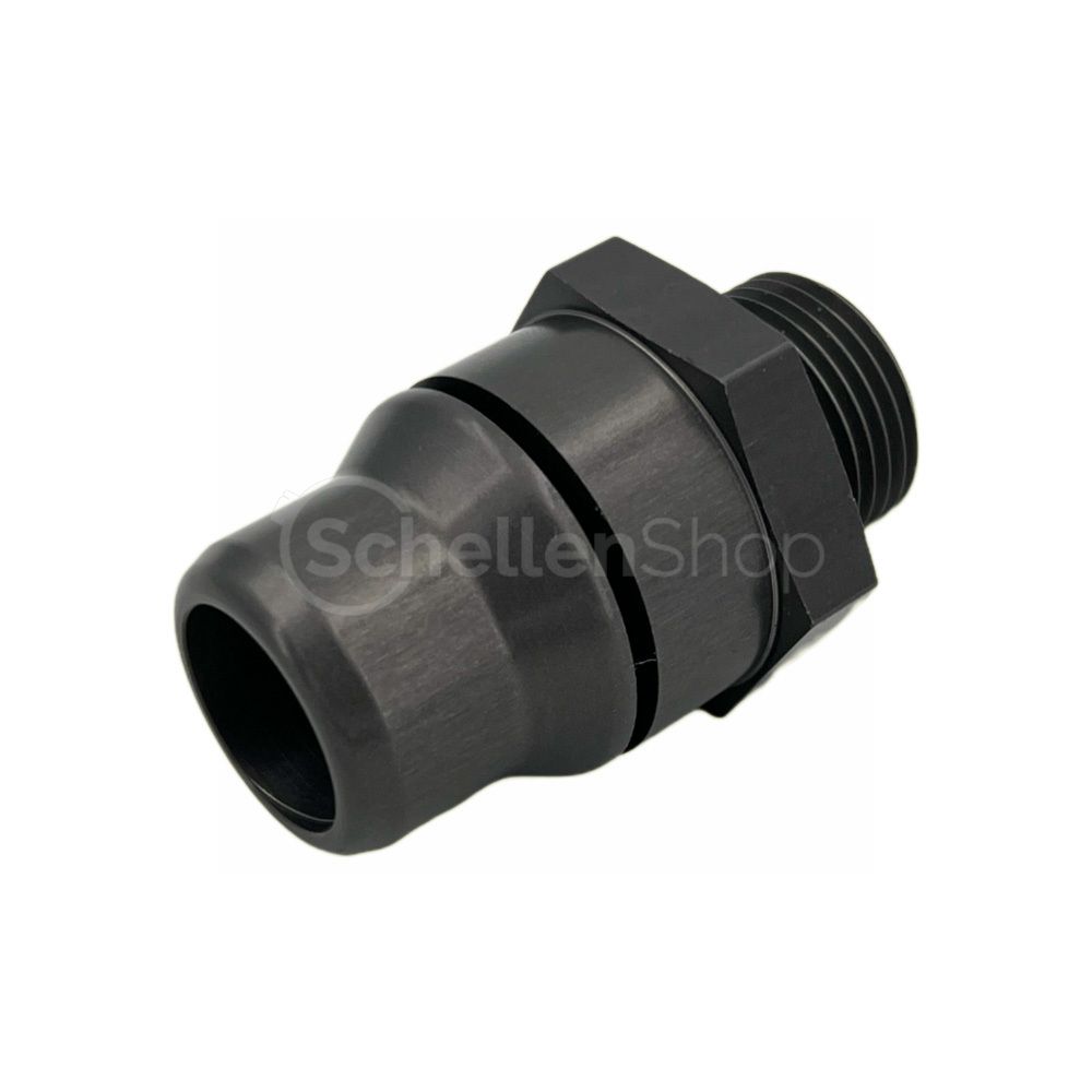 VDA Einschraub-Stecknippel 40061293X NW 16 - M20x1.5 für NORMAQUICK PS3, schwarz Schwarzer VDA Einschraub-Stecknippel 40061293X NW 16 auf M20x1.5 aus Metall, geeignet für NORMAQUICK PS3 Systeme. Das Bild zeigt den Nippel mit einem Steckanschluss und einem Schraubgewinde.