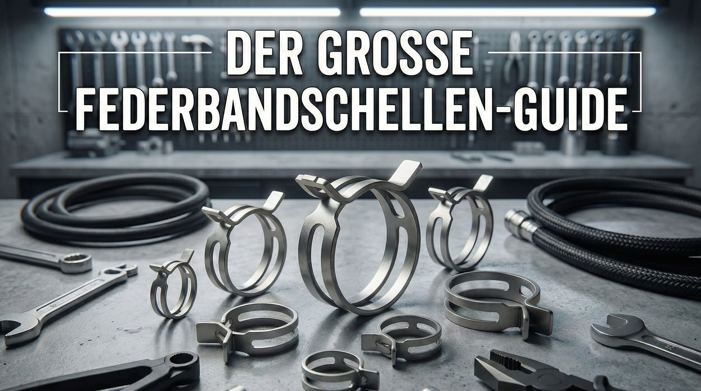 Eine Nahaufnahme verschiedener Federbandschellen in unterschiedlichen Größen auf einer grauen Werkbank, umgeben von Werkzeugen wie Schraubenschlüsseln und einer Zange. Im Hintergrund sind weitere Werkzeuge an einer Werkzeugwand zu sehen. Der Titel 'DER GR