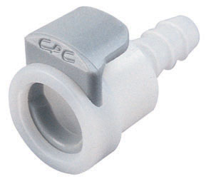 APC17006 Kupplung 9,5 mm Schlauchanschluss – Weiße CPC-Schnellkupplung mit grauem Entriegelungsmechanismus. APC17006 Kupplung für 9,5 mm Schlauchanschluss aus weißem Kunststoff mit grauem Entriegelungsclip, CPC-Logo sichtbar.