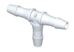 HT870 - T-Schlauchverbinder 6,4 mm Schlauchanschluss, PVDF HT870 - T-Schlauchverbinder 6,4 mm Schlauchanschluss, PVDF: Weißes, T-förmiges Verbindungsstück aus robustem PVDF mit drei genormten Anschlüssen für Schläuche von 6,4 mm Durchmesser.