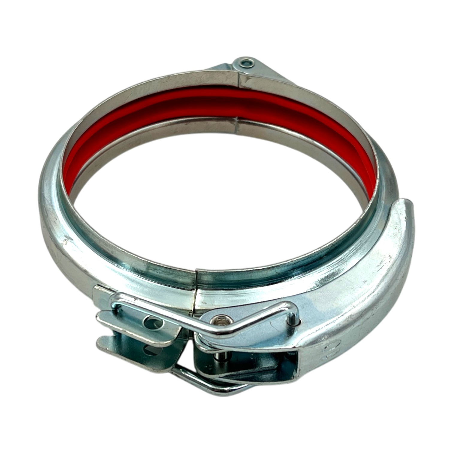 Ein Schnellverschluss Spannring Typ B, verzinkt, mit einer integrierten roten PVC-Dichtung und einem Schnellverschlussmechanismus, auf weißem Hintergrund.