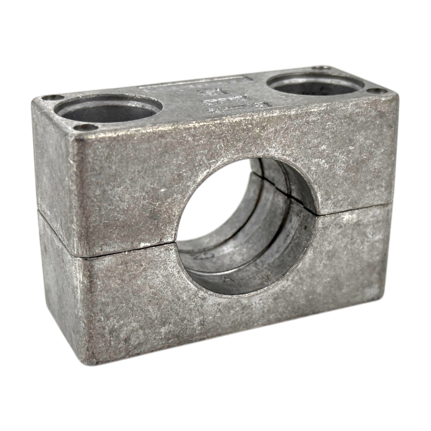 STAUFF Schelle Schwere Baureihe AL aus Aluminium. Die zweiteilige Rohrschelle ist silberfarben, zeigt eine gerippte Innenfläche für sicheren Halt und zwei Befestigungsbohrungen auf der Oberseite.