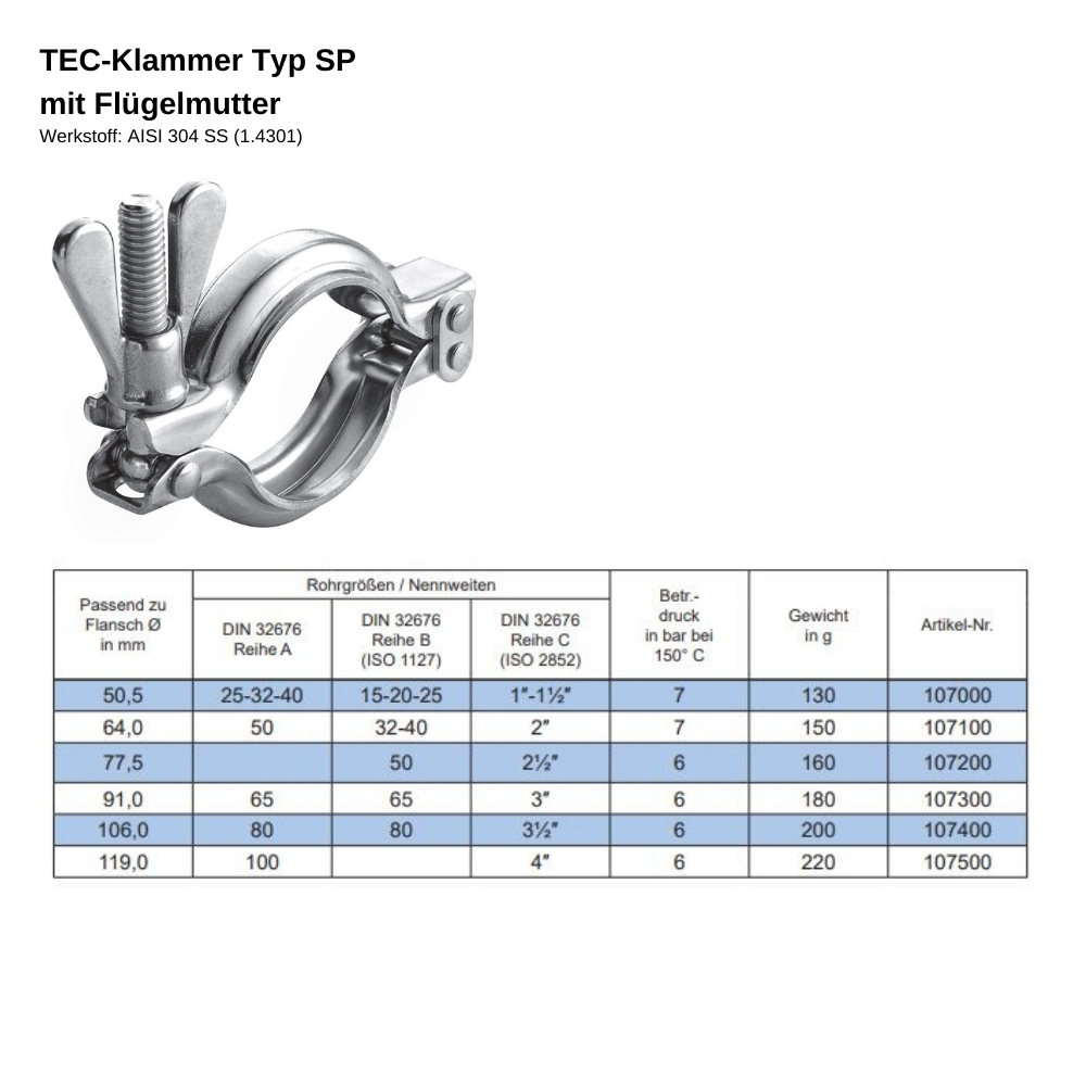 TEC-Klammer Typ SP mit Flügelmutter aus glänzendem Edelstahl (AISI 304 / 1.4301), in einer detaillierten schrägen Ansicht.