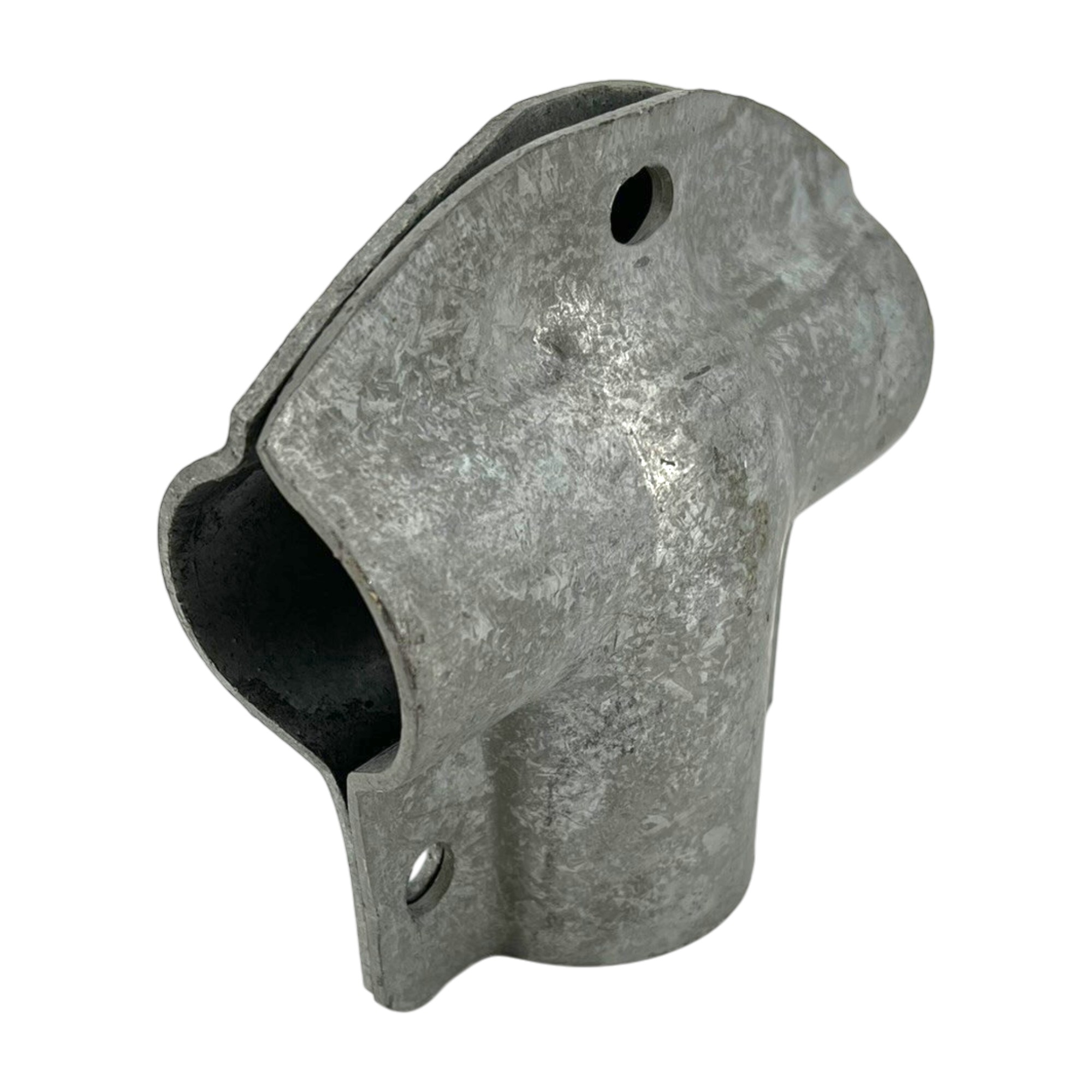 Detailaufnahme der T-Schelle, 3 Schrauben, geteilt (Typ 040), feuerverzinkt. Die robuste, grau-metallische Schelle zeigt eine typisch raue, feuerverzinkte Oberfläche und ist für eine sichere Rohr- oder Stangenbefestigung vorgesehen.