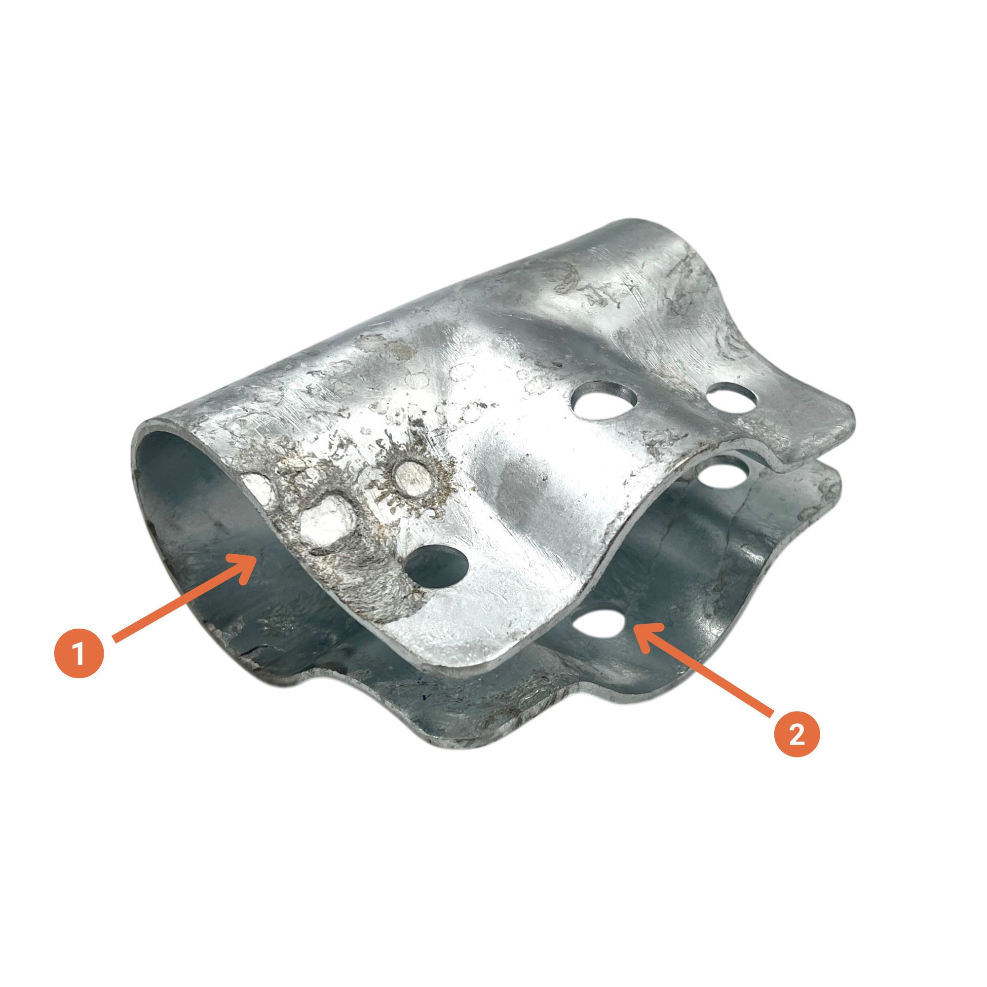 Feuerverzinkte T-Schelle geschlossen (Typ 140) aus robustem Metall, mit mehreren runden Befestigungslöchern und einer typisch rauen, grauen Oberfläche, zur sicheren Montage von Rohren oder Bauteilen.