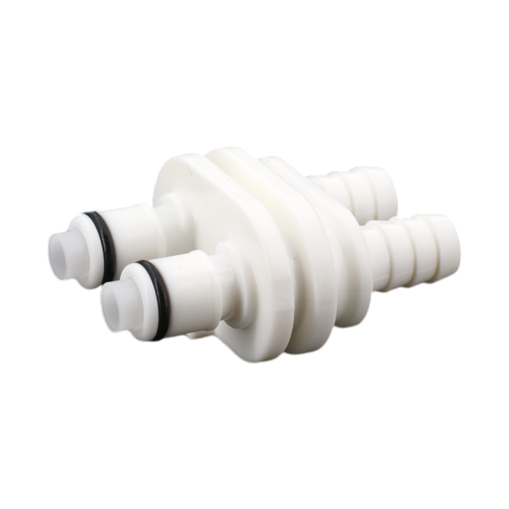 DPCD22006 doppelte CPC-Kupplung, DPC-Serie - Weiße Kunststoffkupplung mit Schnellverschluss und Schlauchstutzen. DPCD22006 doppelte CPC-Kupplung der DPC-Serie, aus weißem Kunststoff, mit zwei Schnellanschluss-Stutzen mit O-Ringen und zwei geriffelten Schlauchanschlüssen.