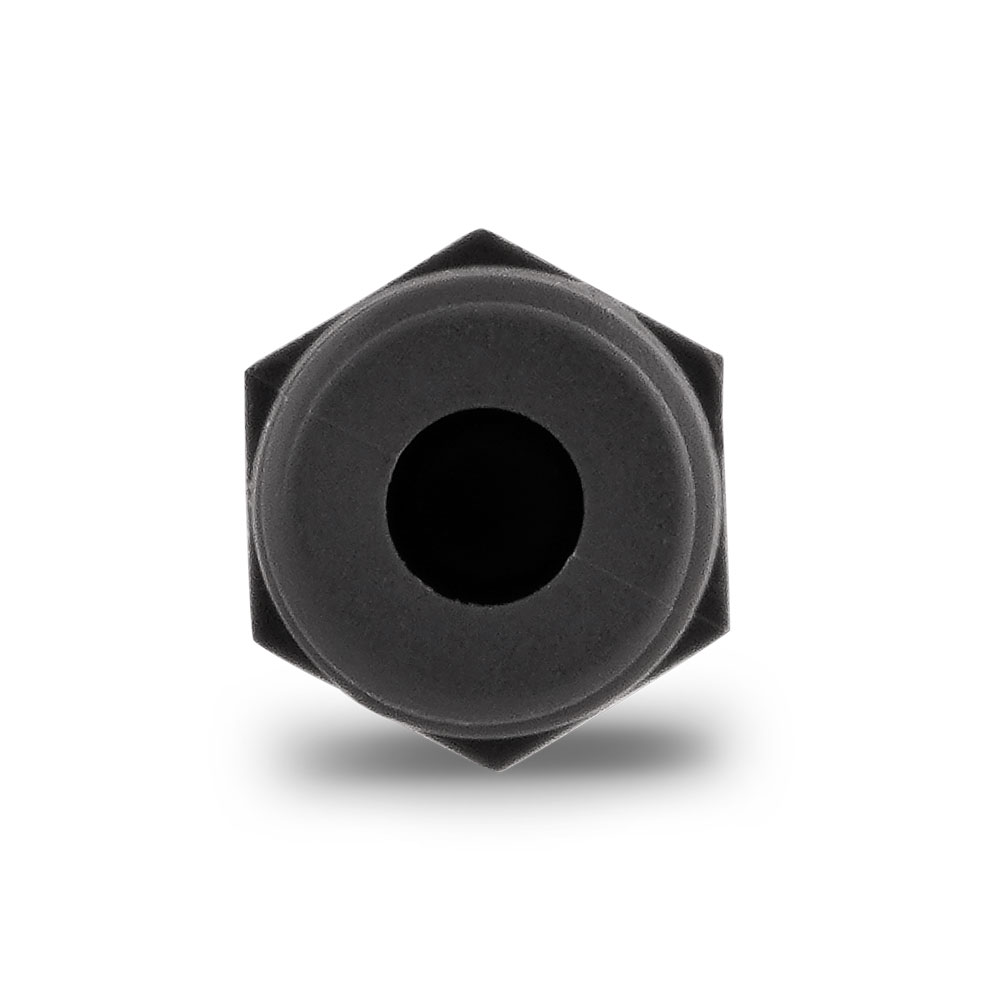 BST Blindstopfen: Robuster, schwarzer Blindstopfen mit sechseckigem Kopf für das sichere Verschließen von Öffnungen. BST Blindstopfen: Schwarzer, sechseckiger Blindstopfen in Draufsicht.