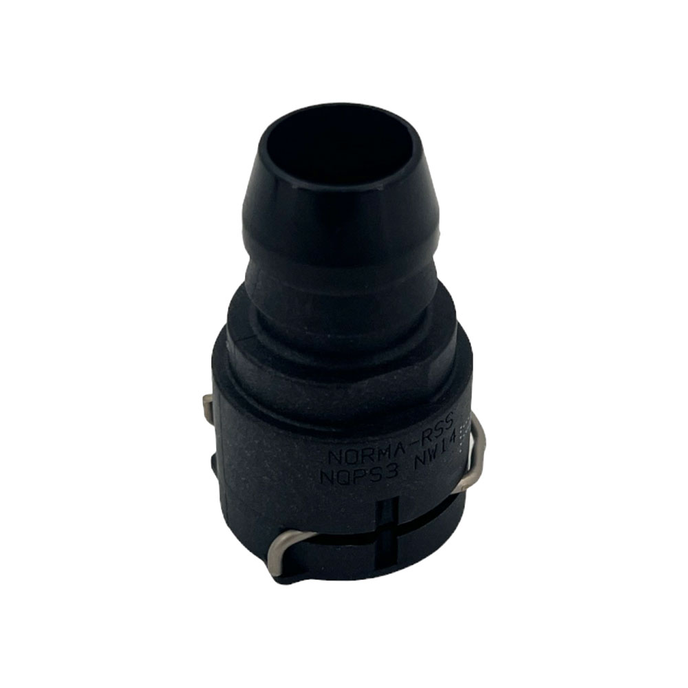 NORMAQUICK PS3 Steckverbindung NW 14 - 0° - 7028034014. Robuste schwarze Kunststoffkupplung für Schlauchsysteme, ausgestattet mit geripptem Schlauchanschluss und integriertem Schnellverschluss mit Metallklammern. Schwarze NORMAQUICK PS3 Steckverbindung NW 14, 0°, aus Kunststoff, mit Schlauchanschluss und Schnellverschlussfunktion.