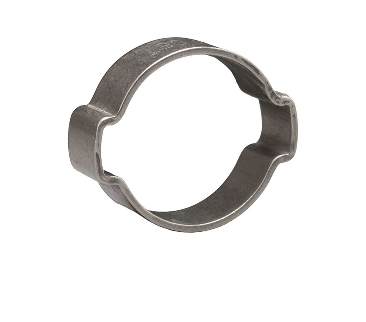 Zweiohr-Schlauchklemme aus Metall Silberfarbene Zweiohr-Schlauchklemme aus Metall zur sicheren Befestigung von Schläuchen.