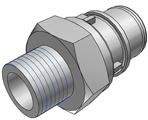 Produktbild des HFC24612BSPT CPC Schlauchsteckers 3/8 Zoll BSPT Außengewinde, ohne Absperrventil und EPDM-Dichtung, in perspektivischer Ansicht auf grauem Hintergrund.