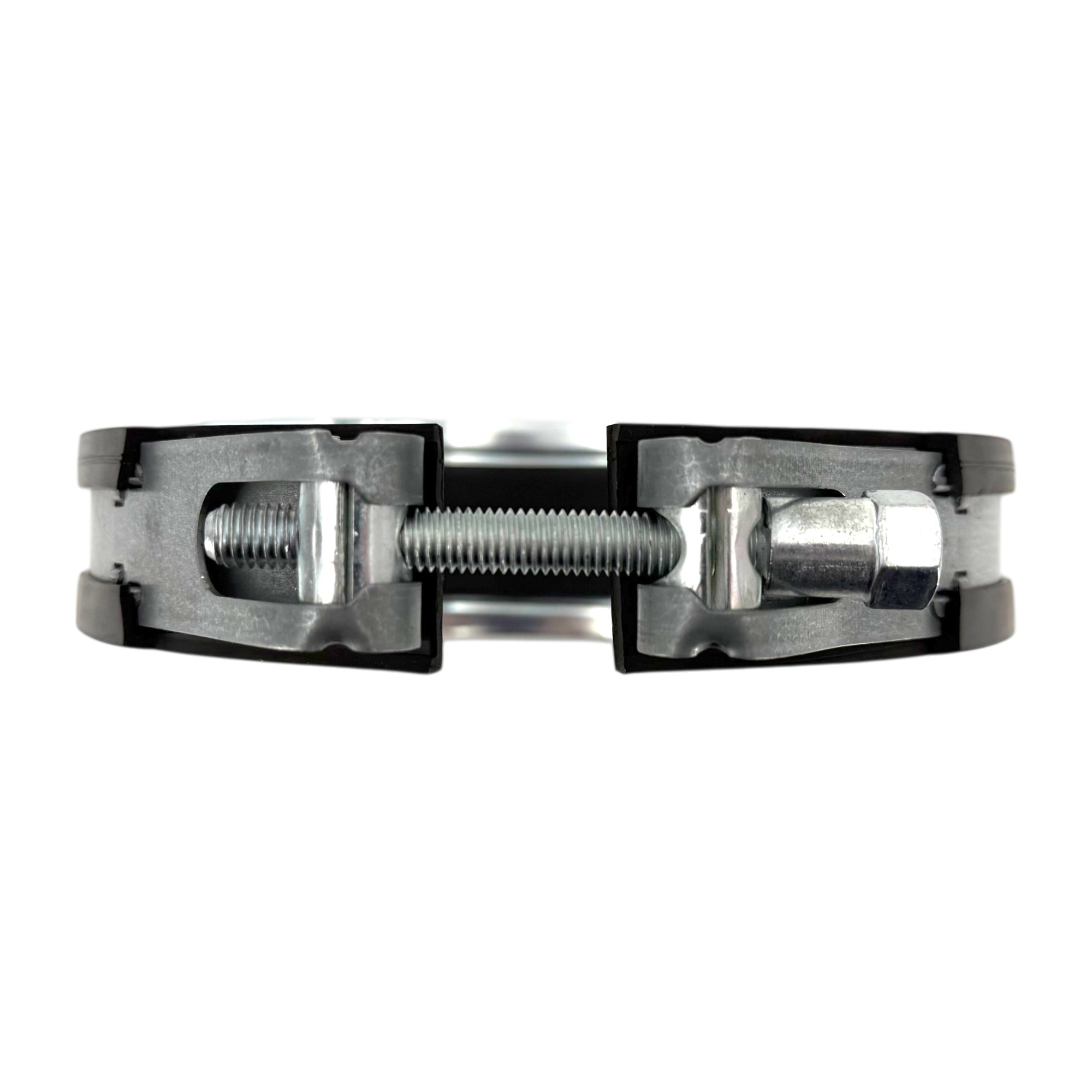 Gelenkbandschelle / Speicherschelle mit Gummierung, Konsole K1. Detailansicht einer geschlossenen Schelle aus silberfarbenem Metall mit schwarzer Gummierung und einem Gewindebolzen mit Mutter zum Festziehen, frontal abgebildet.