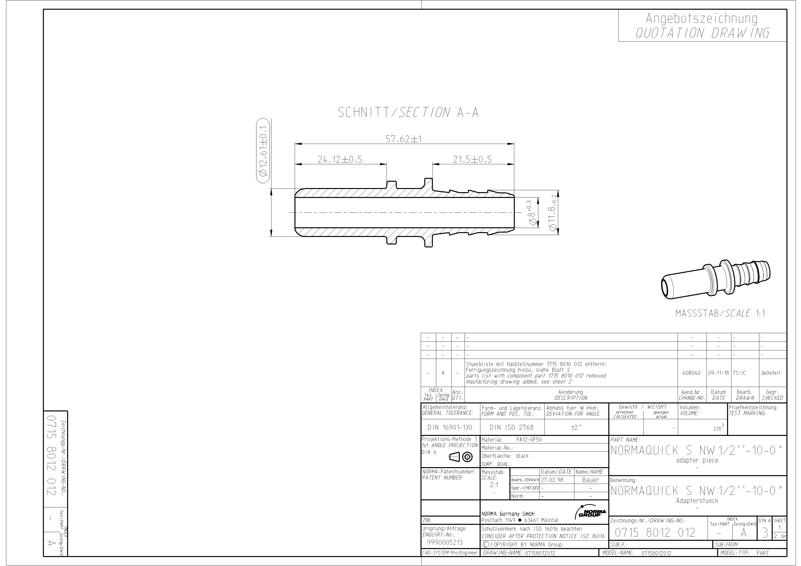 Technische Zeichnung des NORMAQUICK S NW 1/2''-10-0 Adapterstücks, inklusive Querschnitt und detaillierter Bemaßung.