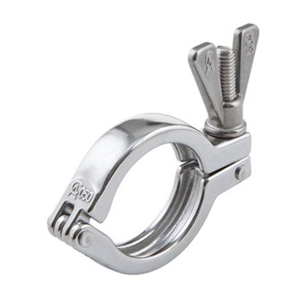 AC-Klammer Typ S mit Flügelmutter, gegossen. Glänzende, silberfarbene Rohrschelle aus gegossenem Metall mit Flügelmutter zum einfachen Spannen.