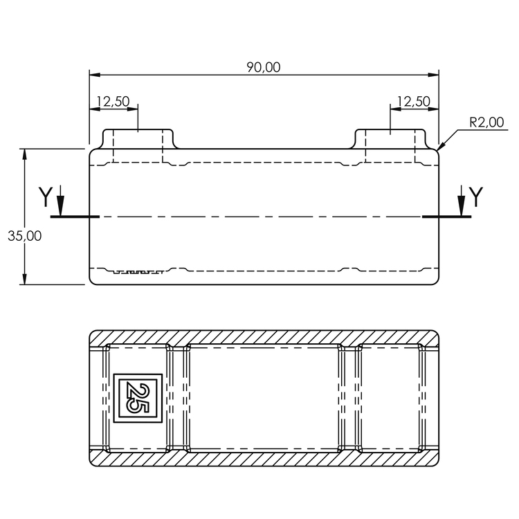 Technische Zeichnung des Rohrverbinders Verlängerungsstück außen, quadratisch, Typ 8S, geeignet für 25x25mm oder 40x40mm Rohre. Die Darstellung zeigt Seiten- und Querschnittsansichten mit Bemaßungen von 90mm Länge und 35mm Höhe, sowie die eingeprägte Kenn