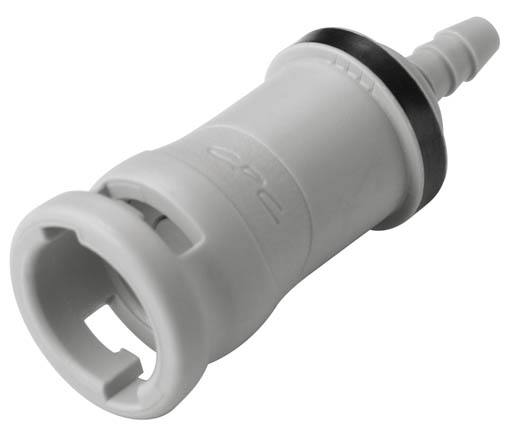 NS2D170212 Non-Spill Schnellverschlusskupplung 3,2 mm Schlauchanschluss, mit Absperrventil, EPDM. Hellgraue NS2D170212 Non-Spill Schnellverschlusskupplung aus Kunststoff mit 3,2 mm Schlauchanschluss und Absperrventil, inklusive schwarzer EPDM-Dichtung.