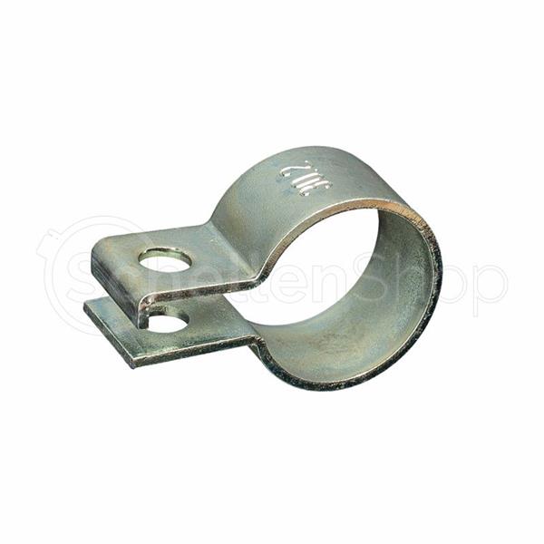 Abgasrohrschelle / Auspuffschelle DIN 71555 aus Metall mit 2 1/2 Zoll Größe Metallene Abgasrohrschelle / Auspuffschelle DIN 71555 in halbrunder Form mit zwei flachen, überlappenden Enden, jeweils mit einem Montageloch. Auf der Krümmung ist die Größe '2 1/2' eingeprägt.