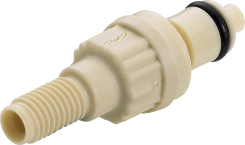 PMCD24042812 - CPC Stecker 1/4-28 Flat Bottom, mit Absperrventil, EPDM-Dichtung. Beigefarbener Kunststoffstecker für technische Anwendungen. PMCD24042812 CPC Stecker 1/4-28 Flat Bottom mit Absperrventil und EPDM-Dichtung. Ein beigefarbener Kunststoffstecker mit Gewindeende und schwarzem O-Ring am gegenüberliegenden Ende.