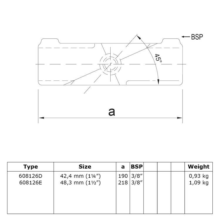Technische Zeichnung des Rohrverbinder Kreuzstück für 45° Gefälle/Neigung Typ 125 mit Bemaßungen und Spezifikationstabelle.