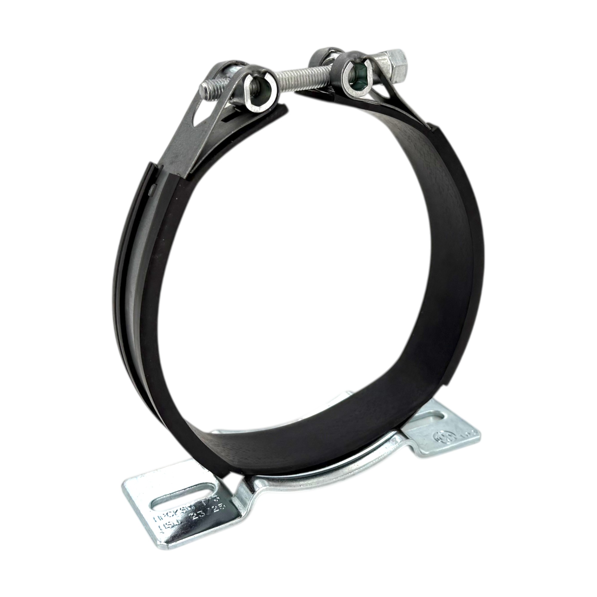 Gelenkbandschelle / Speicherschelle mit Gummierung, Konsole K1. Schwarze, gummierte Rohrschelle mit silbernem Metallverschluss und K1-Befestigungskonsole auf weißem Hintergrund.