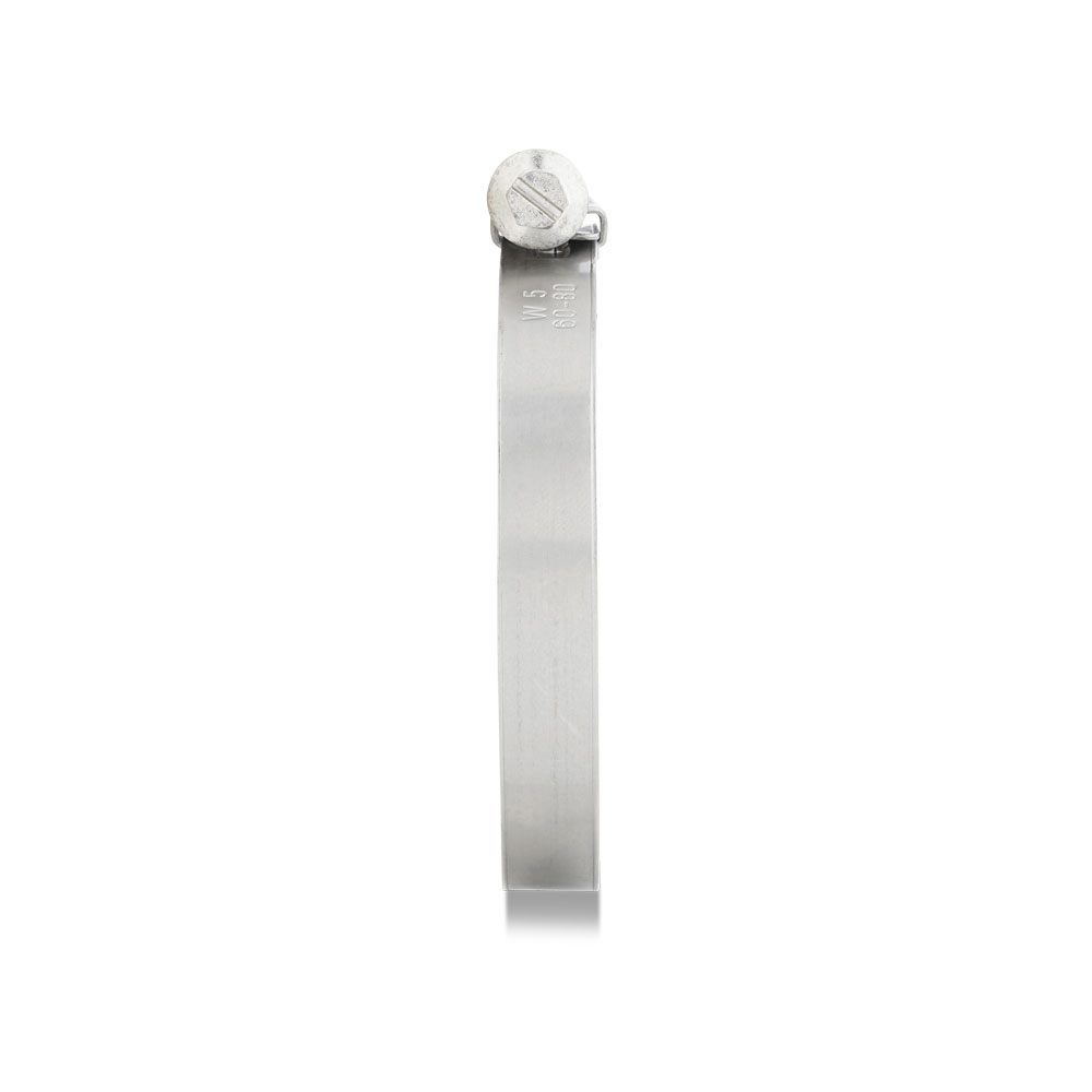 Robuste Edelstahl Schlauchschelle W 5 (rostfrei), geeignet für Schlauchdurchmesser von 60-80 mm für sicheren Halt. Silberfarbene Edelstahl-Schlauchschelle mit Schraubverschluss, vertikal dargestellt mit der Aufschrift W 5 60-80.