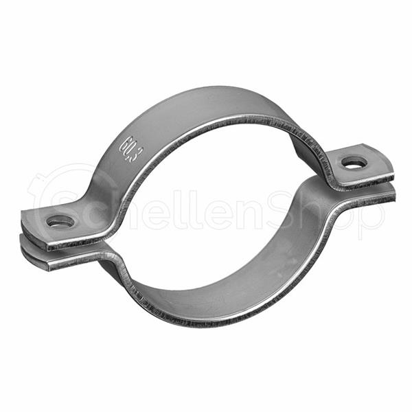Rohrschelle 352560 aus Edelstahl V2A: Robuste, zweiteilige Befestigungsschelle für Rohre, gekennzeichnet mit 60,3 mm. Silberfarbene Rohrschelle 352560 aus Edelstahl V2A, zweiteilig, mit 60,3 mm Durchmesserangabe und Befestigungsbohrungen.