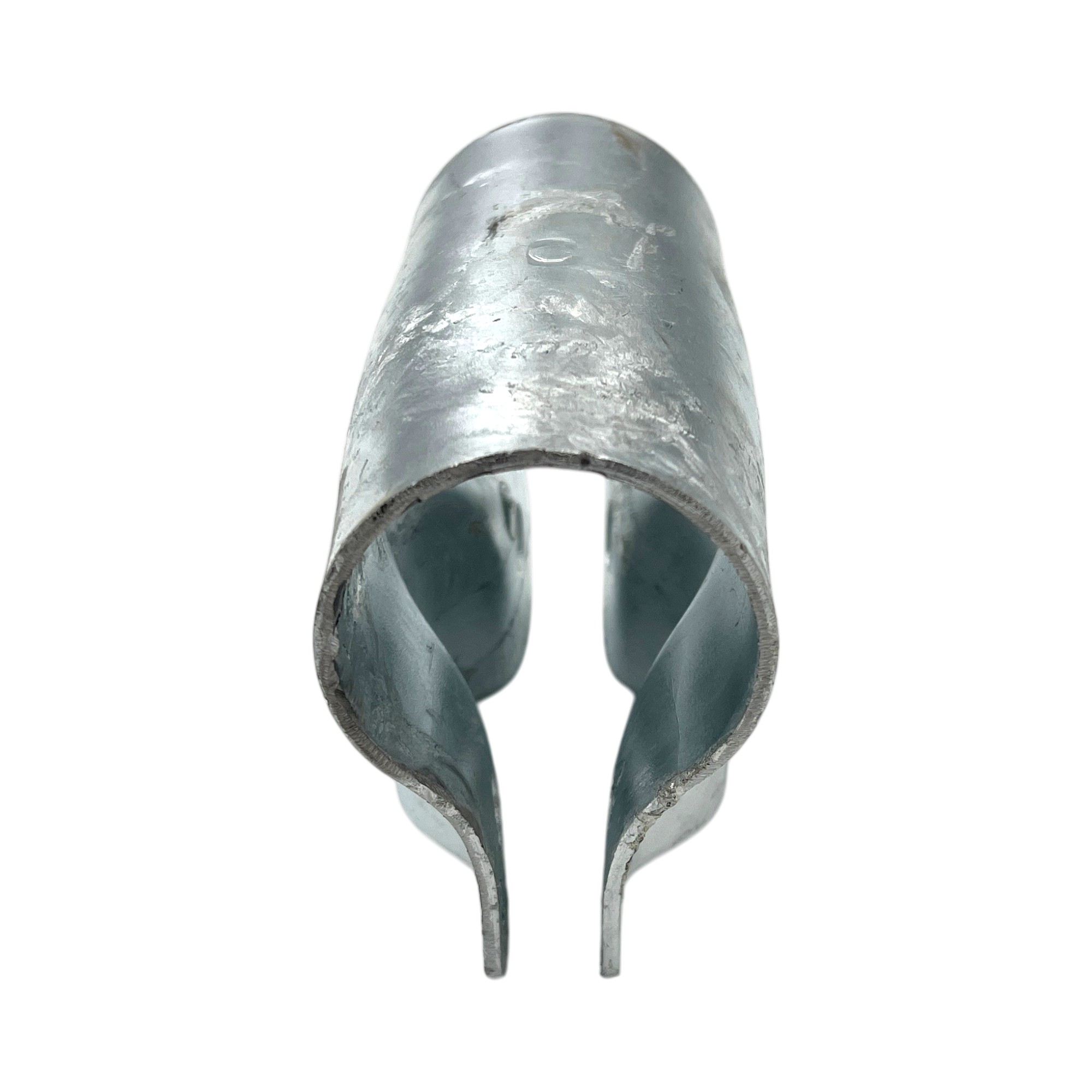 T-Schelle geschlossen (Typ 140), feuerverzinkt, ein U-förmiges Metallbauteil aus glänzendem, feuerverzinktem Stahl, von vorne auf weißem Hintergrund abgebildet.