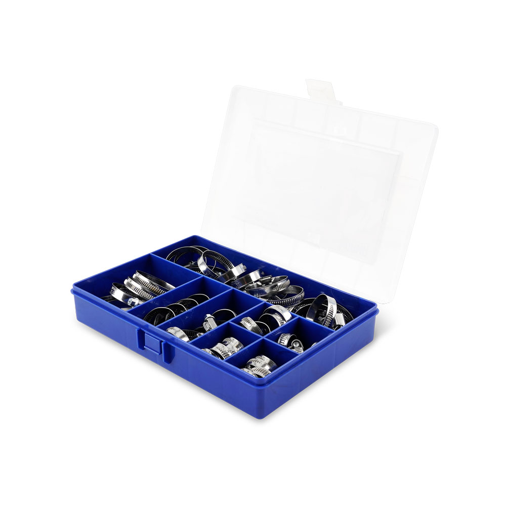 Edelstahl-Schlauchschellen-Set in praktischer Sortierbox Eine blaue Kunststoff-Organizer-Box, gefüllt mit glänzenden Edelstahl-Schlauchschellen in verschiedenen Größen, der transparente Deckel ist geöffnet.