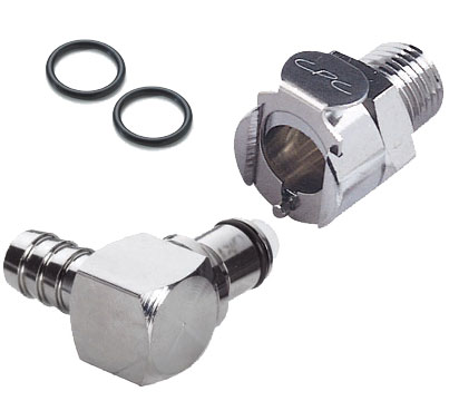 DUC01 - DUCATI Benzinkupplungsset, bestehend aus zwei glänzenden Metall-Schnellkupplungen (Stecker und Buchse) und zwei schwarzen O-Ringen, geeignet für 8-10 mm Benzinschlauch, mit beidseitigem Absperrventil und Viton-Dichtungen.