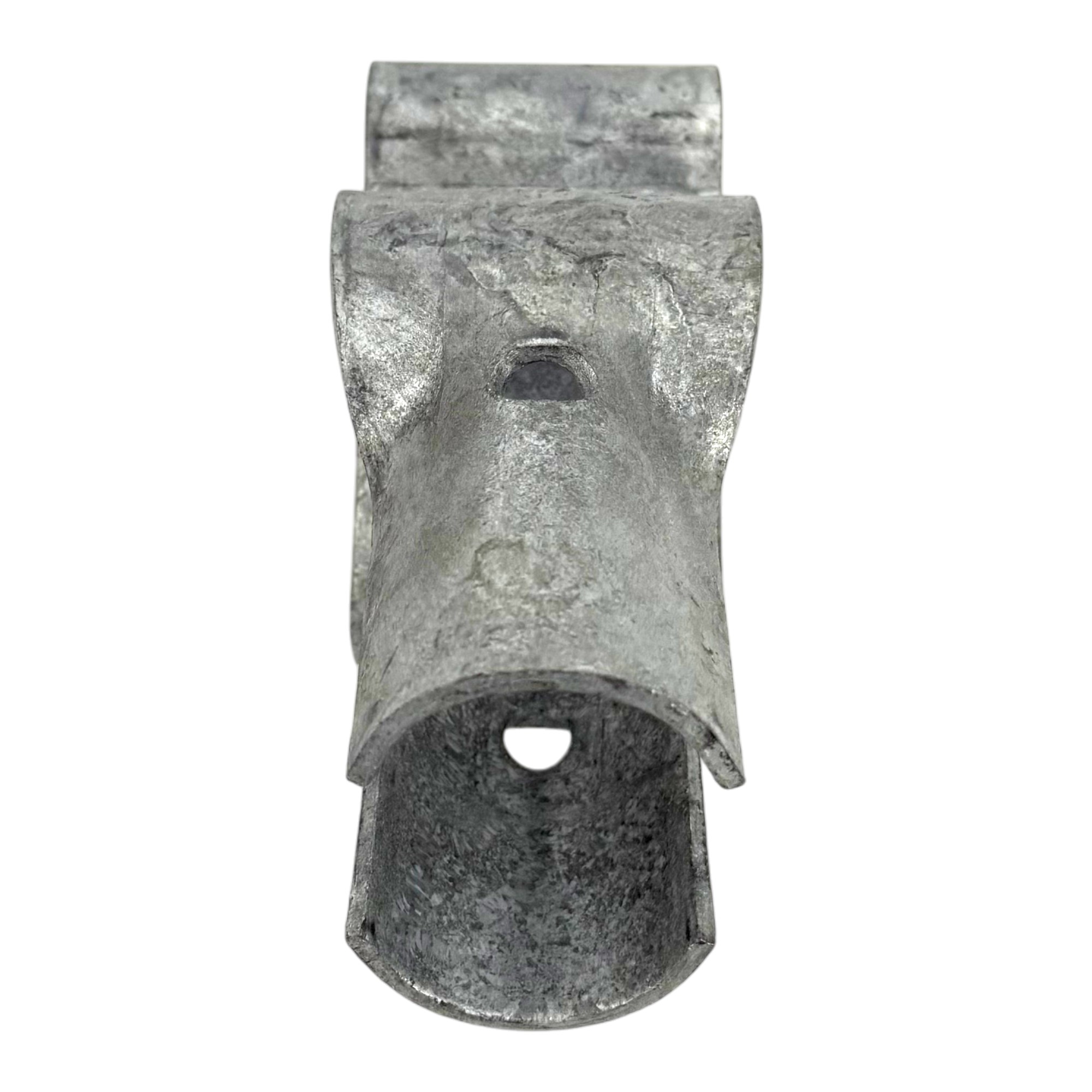 T-Schelle geteilt für Steuerstange (Typ 070), feuerverzinkt. Ansicht der robusten, zinkfarbenen Metallklemme mit oberen und unteren Befestigungsöffnungen auf weißem Hintergrund.
