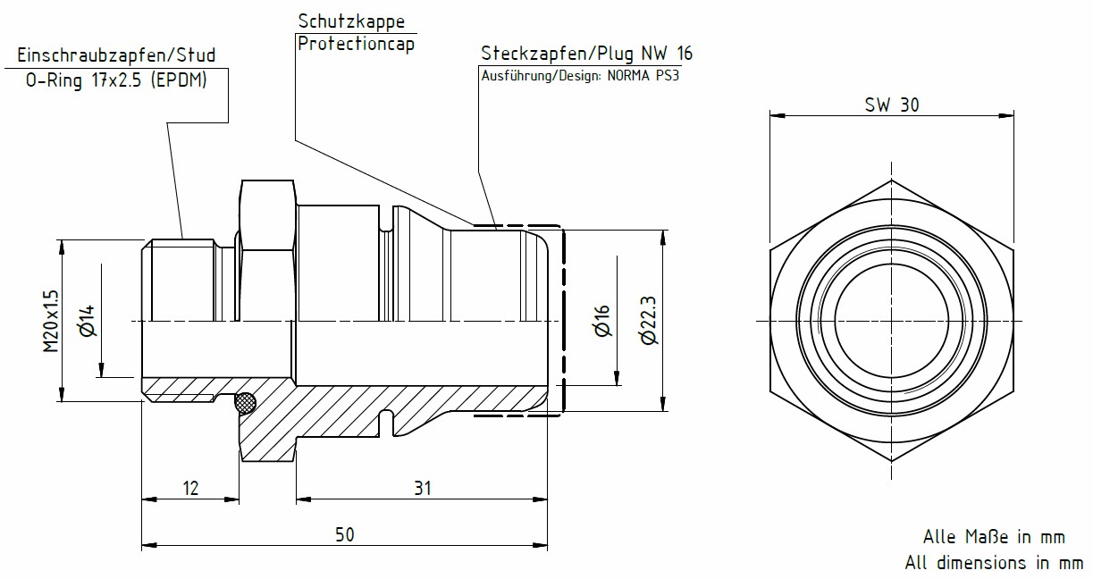 Zeichnung-40061293X VDA Einschraub Stecknippel NW 16 - M20x1.5 | 40061293X