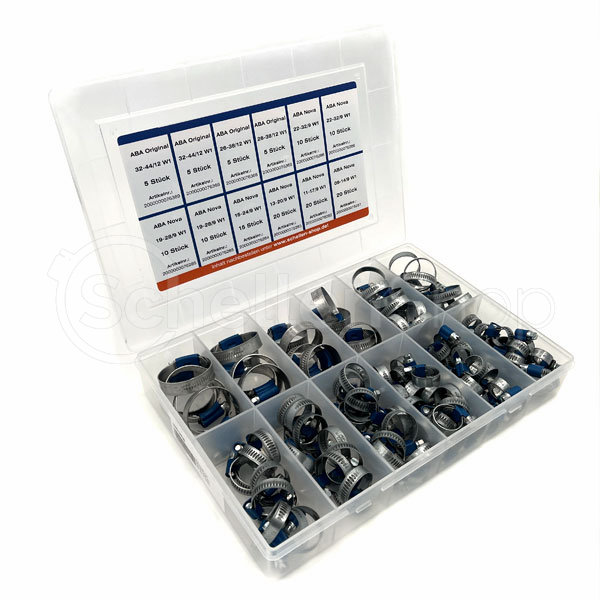 Umfassendes Sortiment an ABA Original und ABA Nova Schlauchschellen in verschiedenen Größen für sichere Verbindungen. Sortimentskasten mit verschiedenen Größen von ABA Original und ABA Nova Metall-Schlauchschellen mit blauem Antrieb, übersichtlich in transparenten Fächern geordnet.