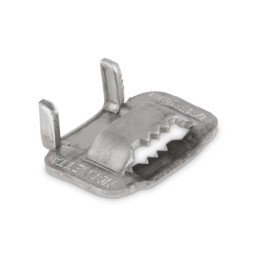 Endlosband Binder Verschluss NB-D (NORMETTA) – Hochwertiger Metallverschluss für dauerhafte Bandfixierung. Silberfarbener Endlosband Binder Verschluss NB-D von NORMETTA, ein robuster Metallverschluss mit zwei aufrechten Führungslaschen und einer gezackten Klemmvorrichtung für Endlosbänder.