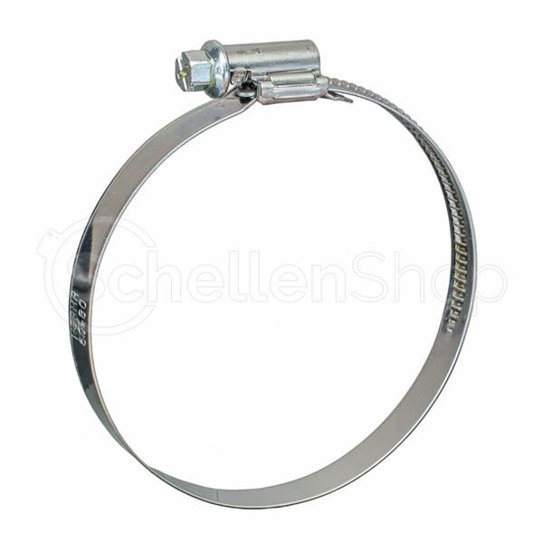 Edelstahl-Schlauchschelle zur sicheren Befestigung von Schläuchen und Rohren. Silberfarbene Schlauchschelle aus Metall mit Schneckengetriebe und Sechskantschraube.